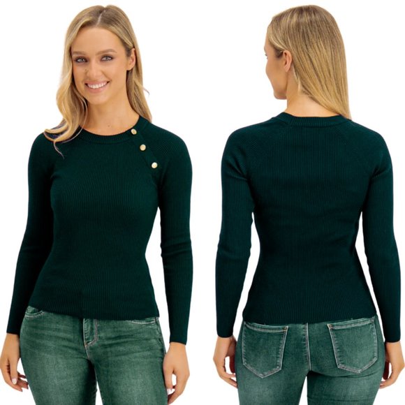 Ribbed Sweater Button-Trim Cotton-Blend Knit Long Sleeve Top Hunter green SZ XS - Picture 1 of 16